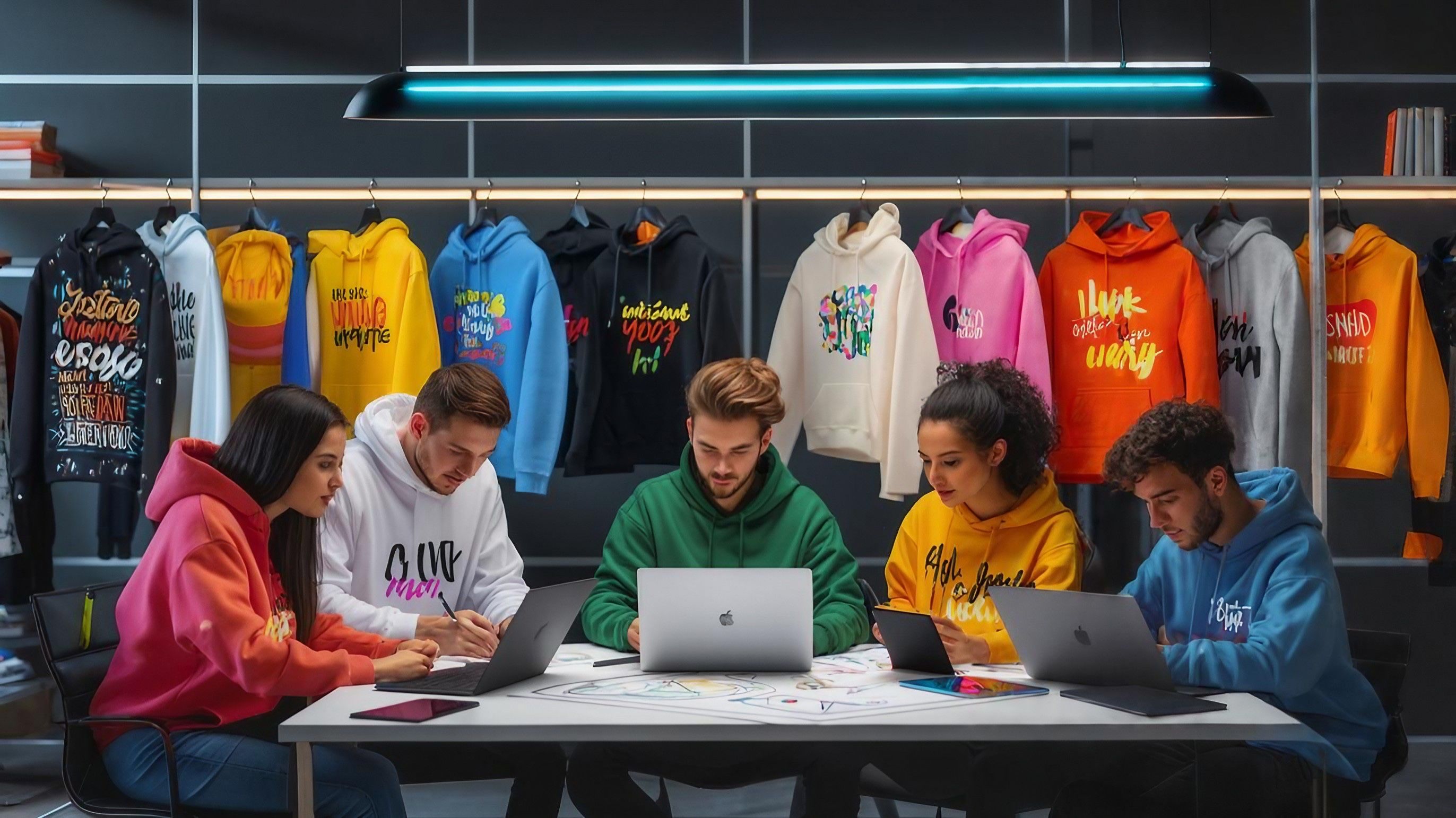 Design your hoodie online – personalized designs with graphics Young adults design personalized hoodies online with creative designs and AI support.