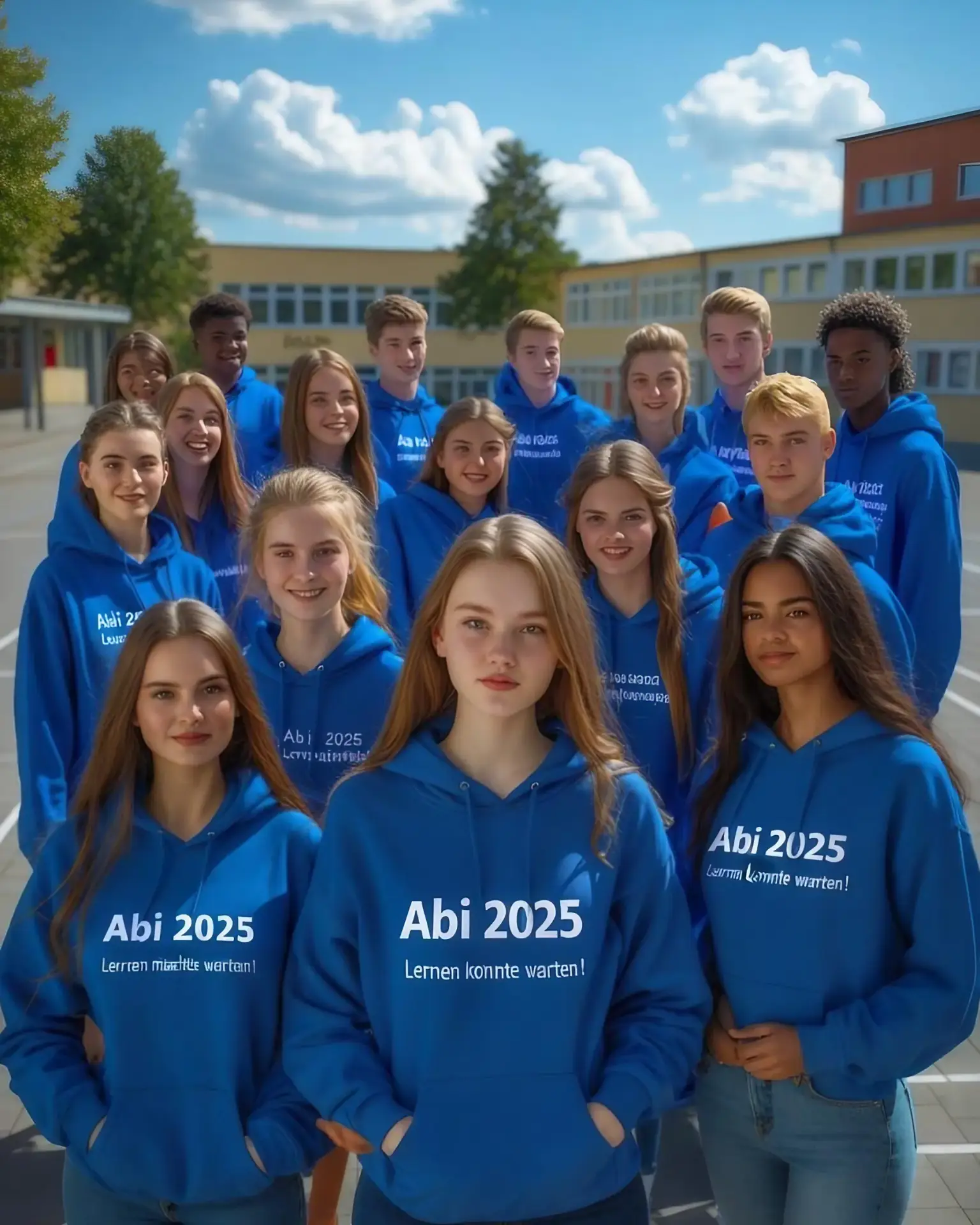 Graduation 2027 – Blue hoodies with grad print Class of students in blue 2027 graduation hoodies celebrating graduation, funny print: “Grad 2027”