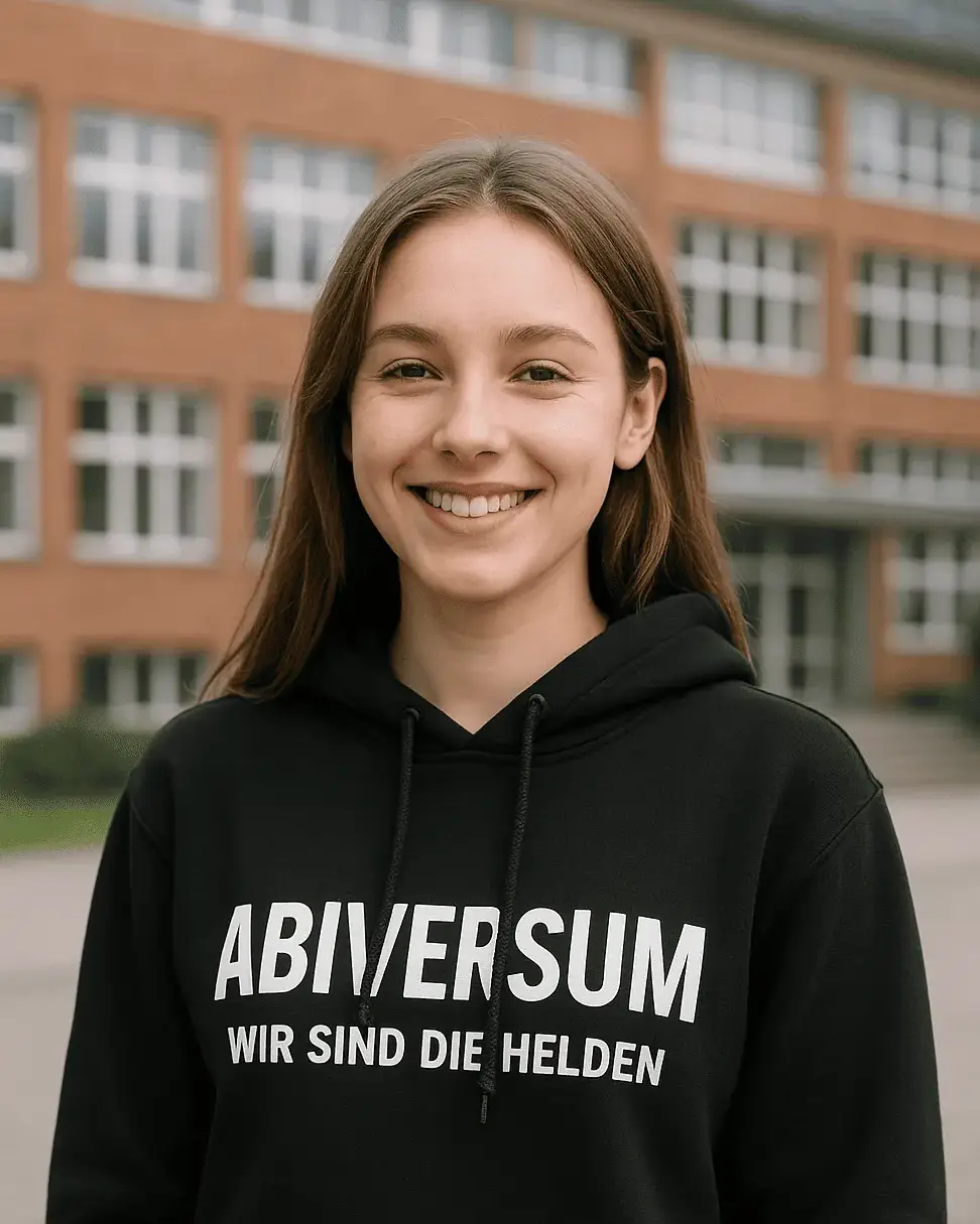 Abitur hoodie girl in front of school – Create Abitur hoodie Smiling girl wearing black Abitur hoodie “Abiversum – we are the heroes” in front of school – Get your Abi hoodie made