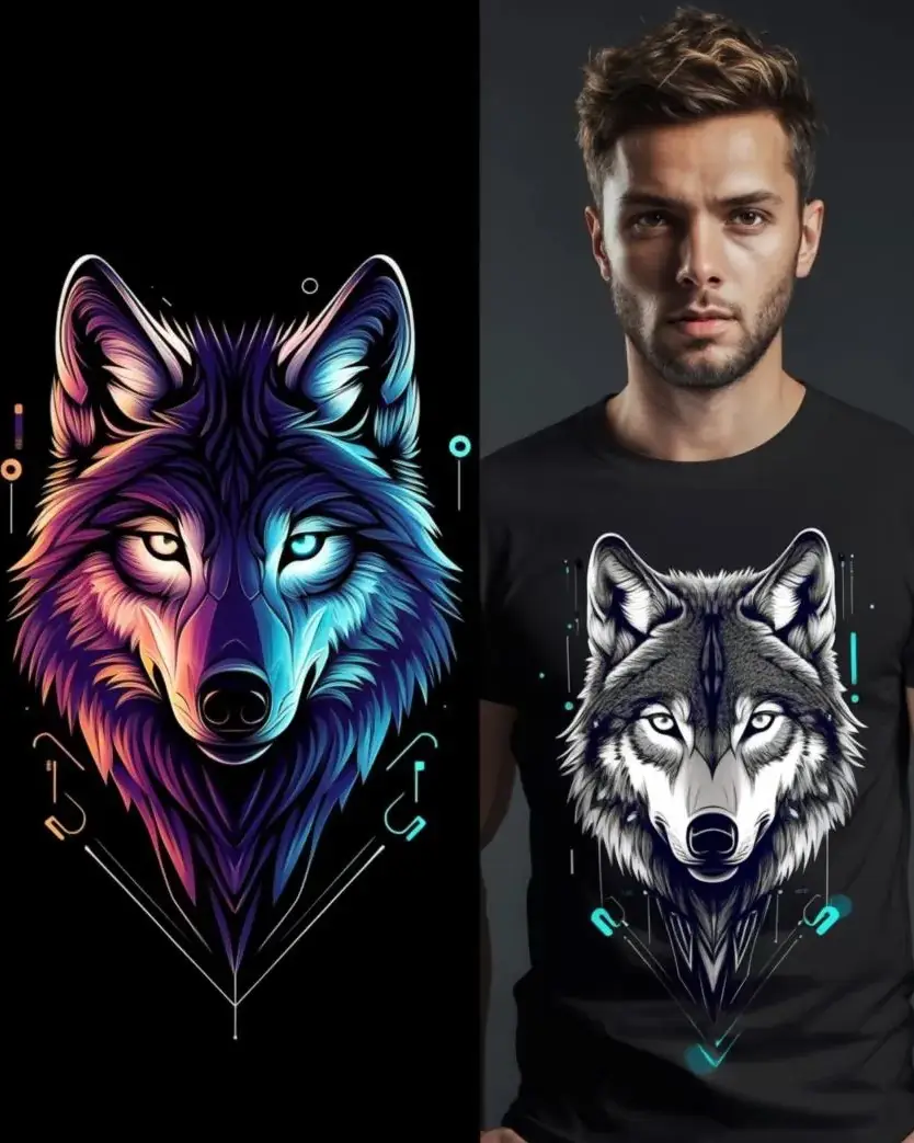 Preview: AI Design Neon Wolf on Black T-shirt Split-screen with neon wolf graphic on the left and man wearing printed T-shirt mockup on the right – AI-generated shirt design