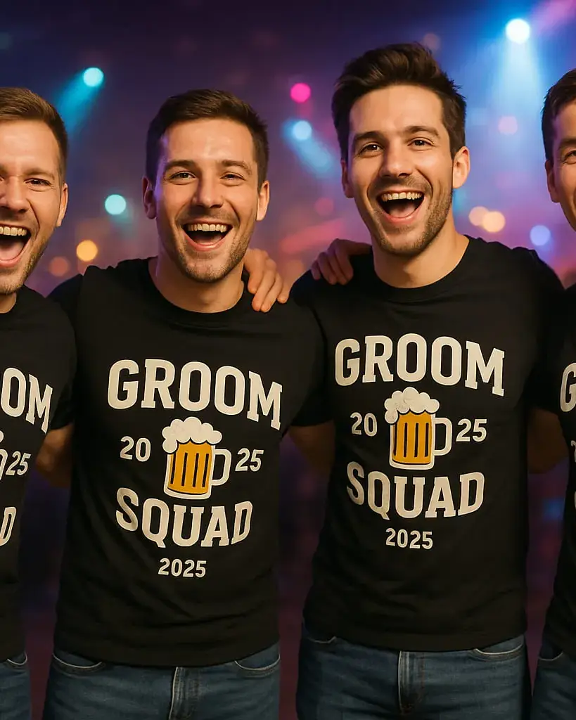 Four men celebrating bachelor party in a club with 'Groom Squad 2026' shirts and beer – full party vibes.