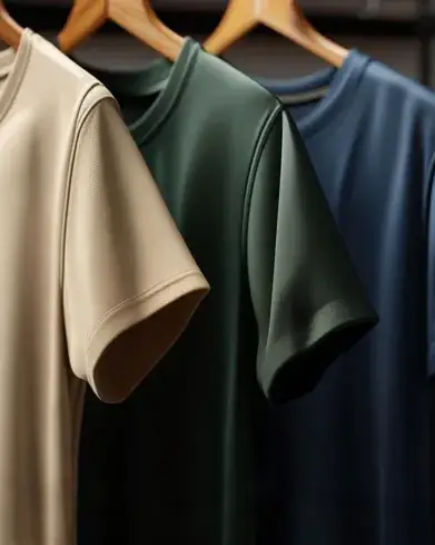 Proper Care for Personalized T-Shirts Three T-shirts on hangers in different colors. Good care makes the difference for custom team shirts