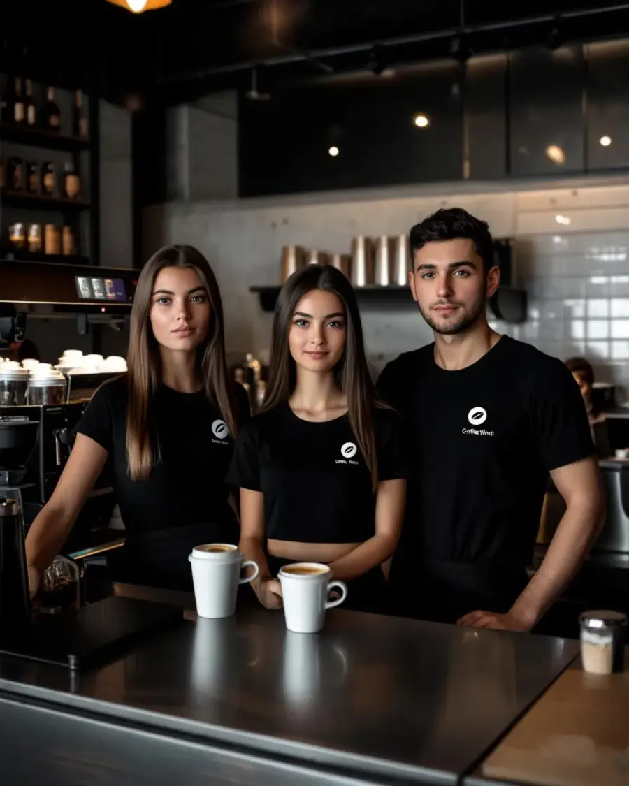 Team at Café Wearing Logo Shirts – Coffee Shop Uniform Three young café employees behind the counter wearing elegant black T-shirts with a white coffee shop logo featuring a coffee bean