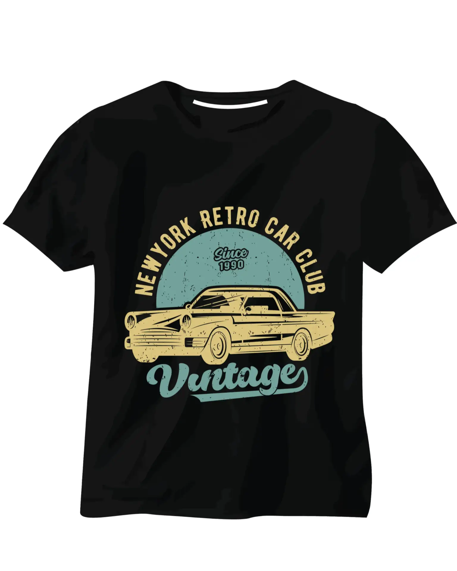 New York Retro Car Club – Vintage Car T-Shirt Design with Retro Motif Vintage T-shirt design with retro car and hot rod – New York Car Club logo on dark cotton shirt