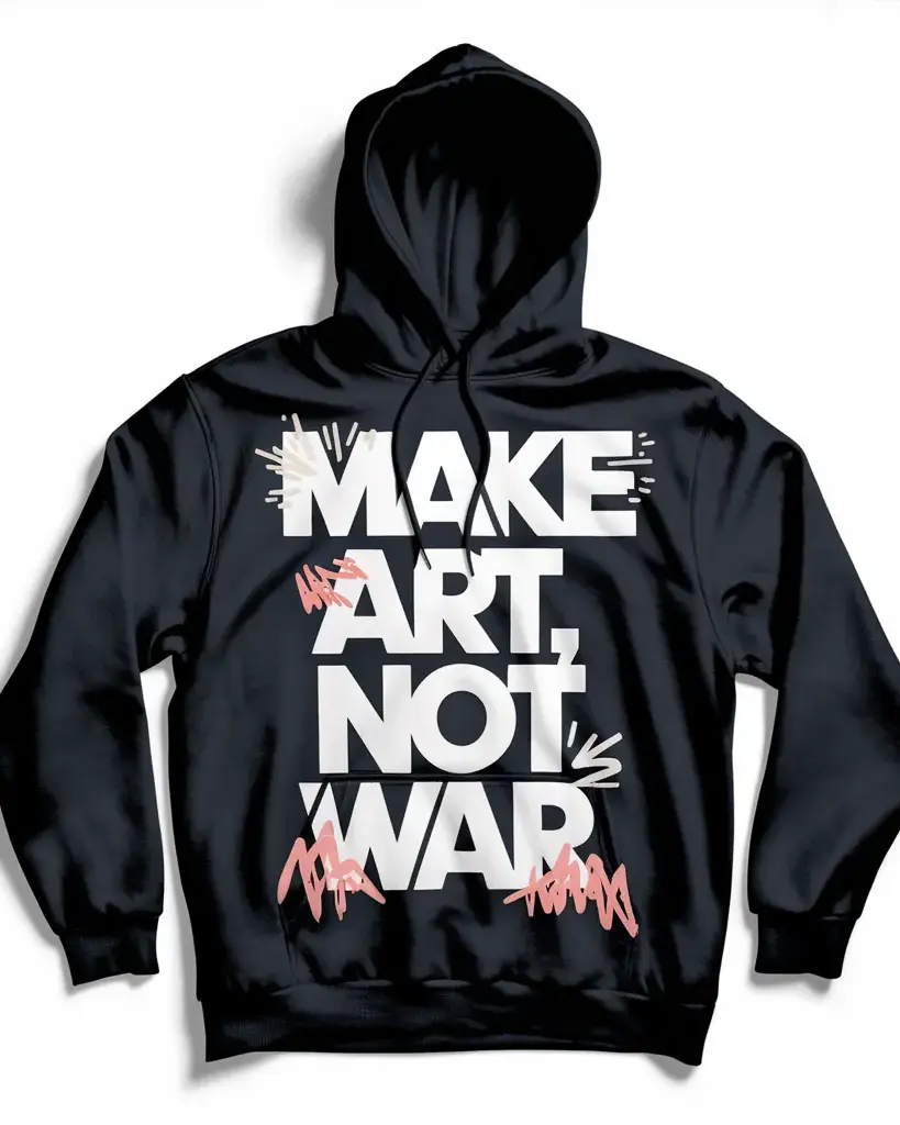 Trend 2026: Hoodie with Statement 'MAKE ART, NOT WAR' Black hoodie with white statement 'MAKE ART, NOT WAR' in modern, geometric typography – trendy 2026 design