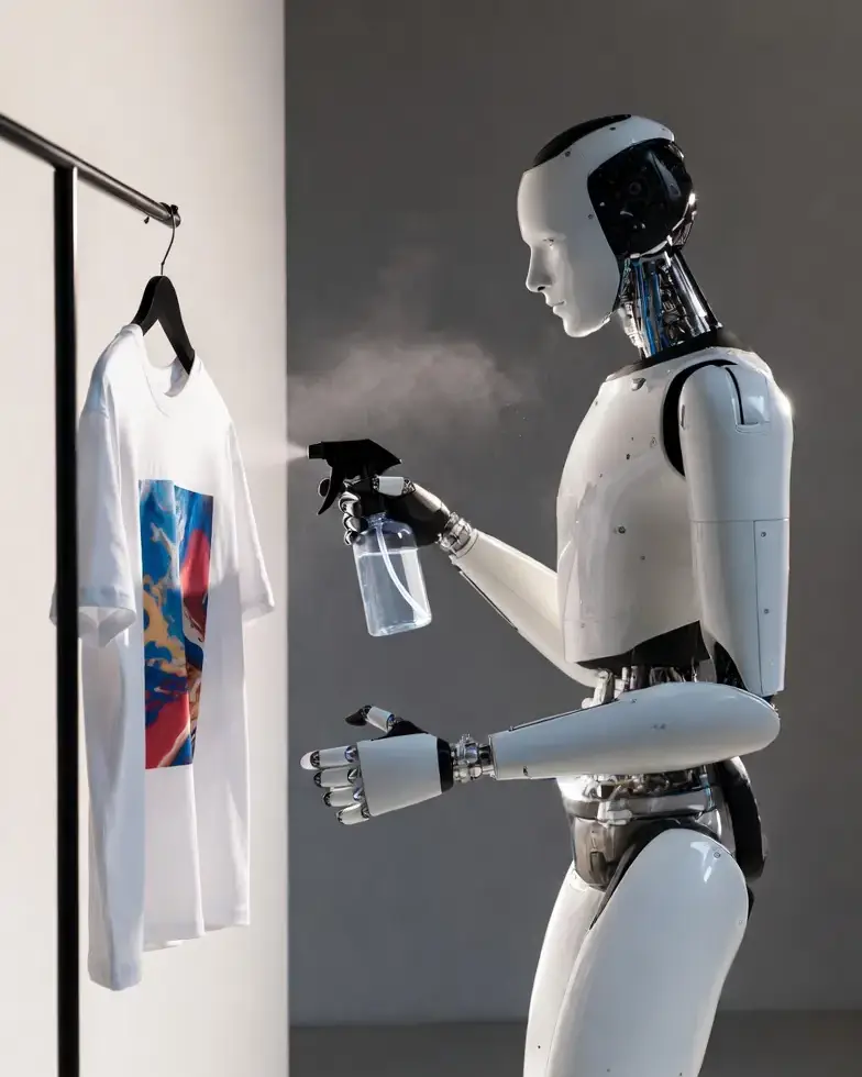 AI robot designs custom T-shirt in futuristic design studio Humanoid AI robot creates a colorful T-shirt with spray paint in a modern, futuristic environment