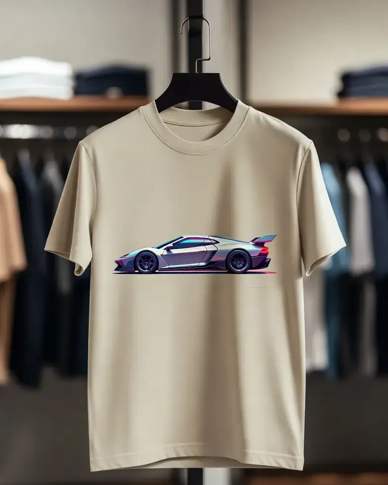 AI shirt motif with futuristic car – Gemini-generated image Beige T-shirt with futuristic car as AI motif, subtle neon trail in an elegant store, created with Gemini 2026