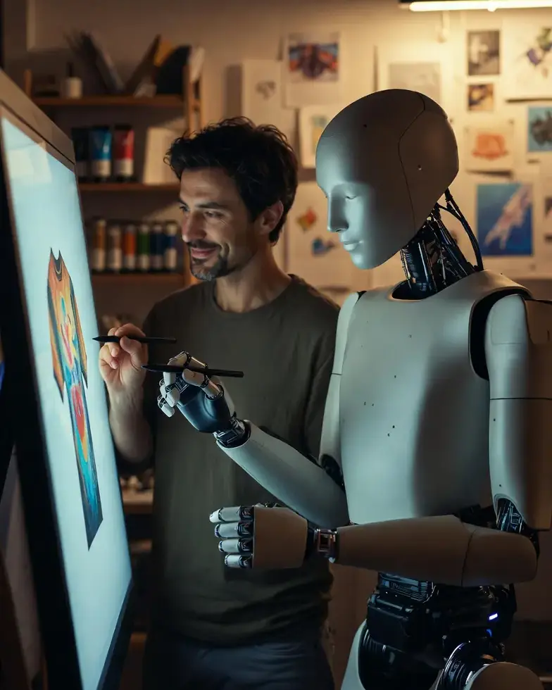 Human and AI create modern T-shirt design together Human artist and humanoid AI robot collaborate on a colorful digital graphic design in the studio – perfect complement of human creativity and artificial intelligence