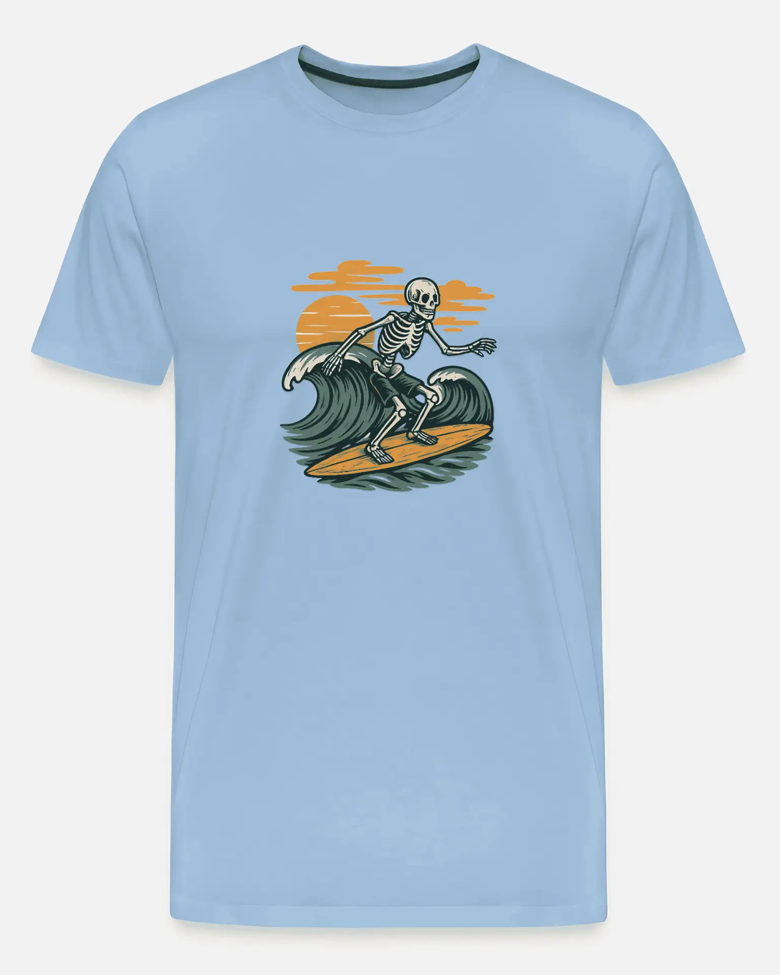 Vintage Surfer Skeleton T-Shirt – Retro Wave Graphic Skeleton surfing a wave in vintage style – retro vector graphic as a cool T-shirt design with sunset and relaxed surfer vibe