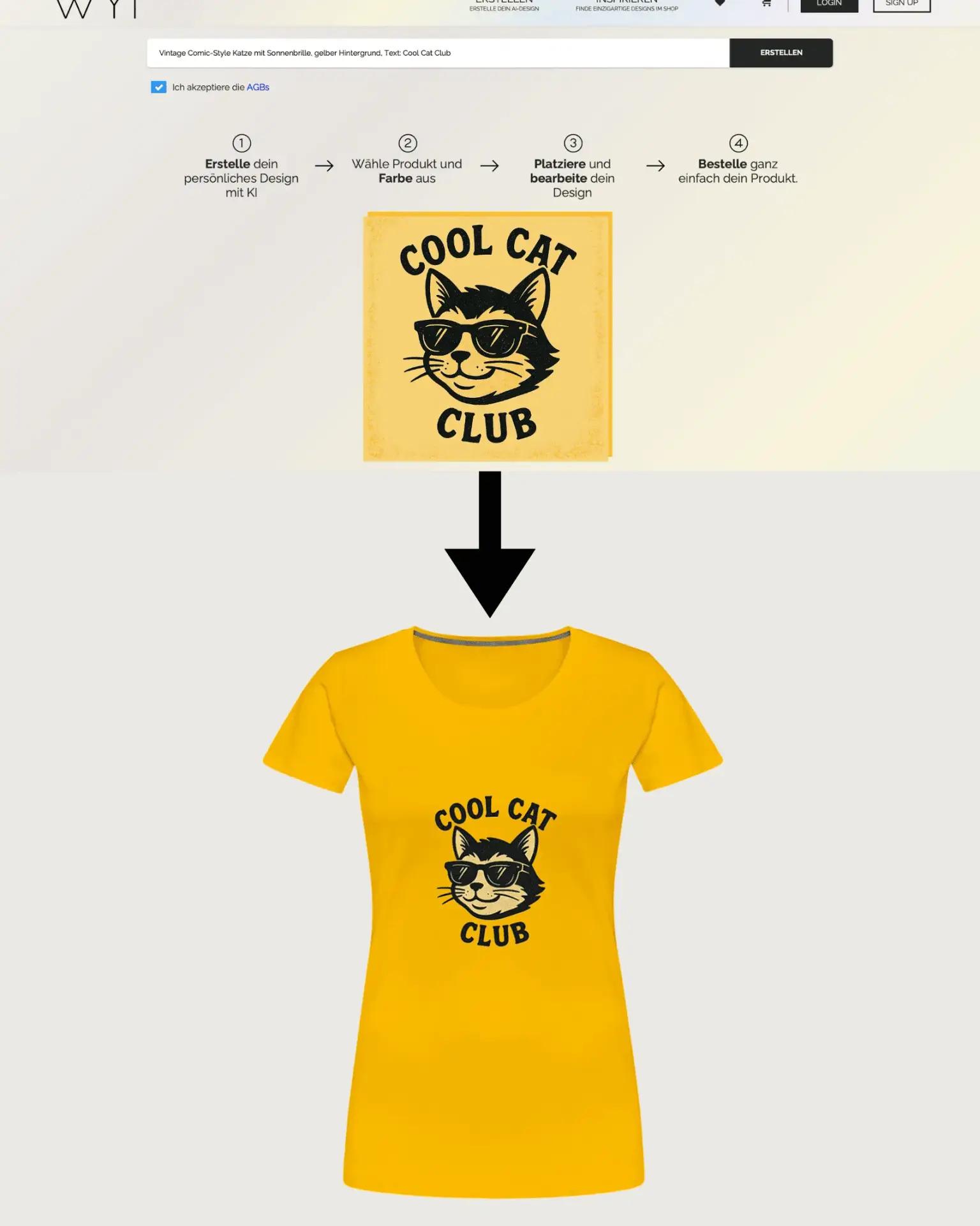 Cool Cat Club Comic Design – Create T-Shirts with AI Comic-style cat with sunglasses on a T-shirt – vintage design with 'Cool Cat Club' text, created using WYI AI Design Tool