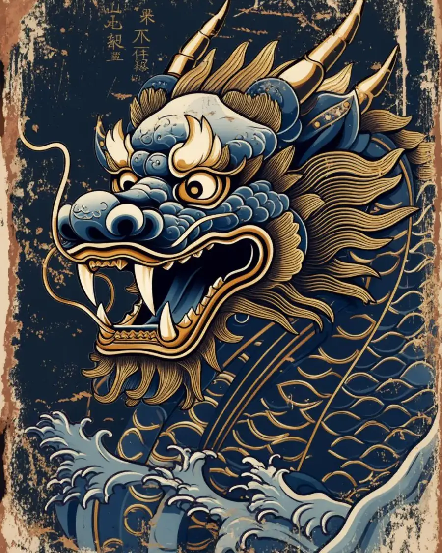 Retro Dragon T-Shirt Design – AI Graphic in Blue-Gold Japanese dragon head in retro style – T-shirt graphic with blue-gold color palette for AI-generated design