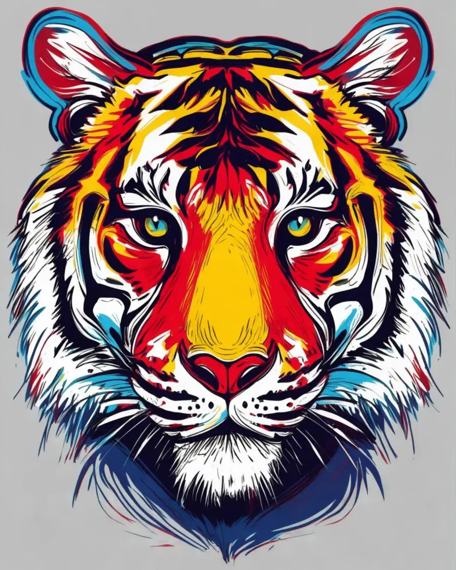 Pop-Art Tiger T-Shirt Design – Created with AI Abstract tiger face in pop-art style – print-ready AI graphic for T-shirt design created with the WYI tool