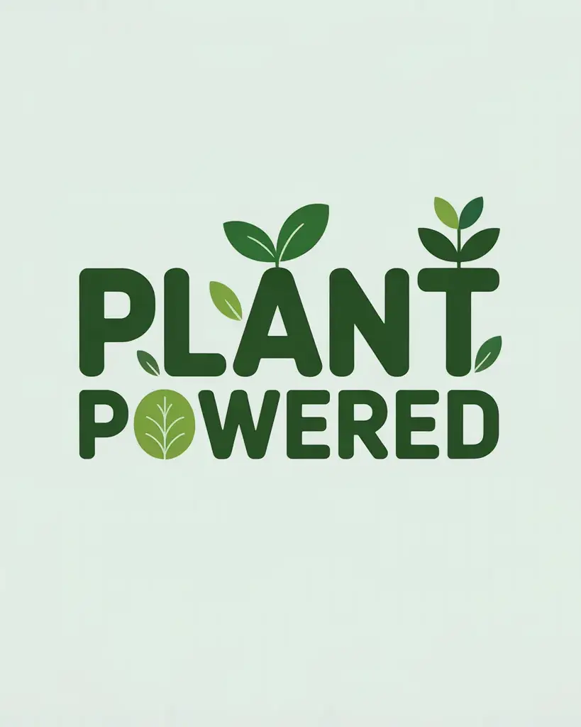 Plant Powered Logo – T-Shirt Text Design with AI Typographic logo 'Plant Powered' with green leaves – modern text design for T-shirts, created with AI tool