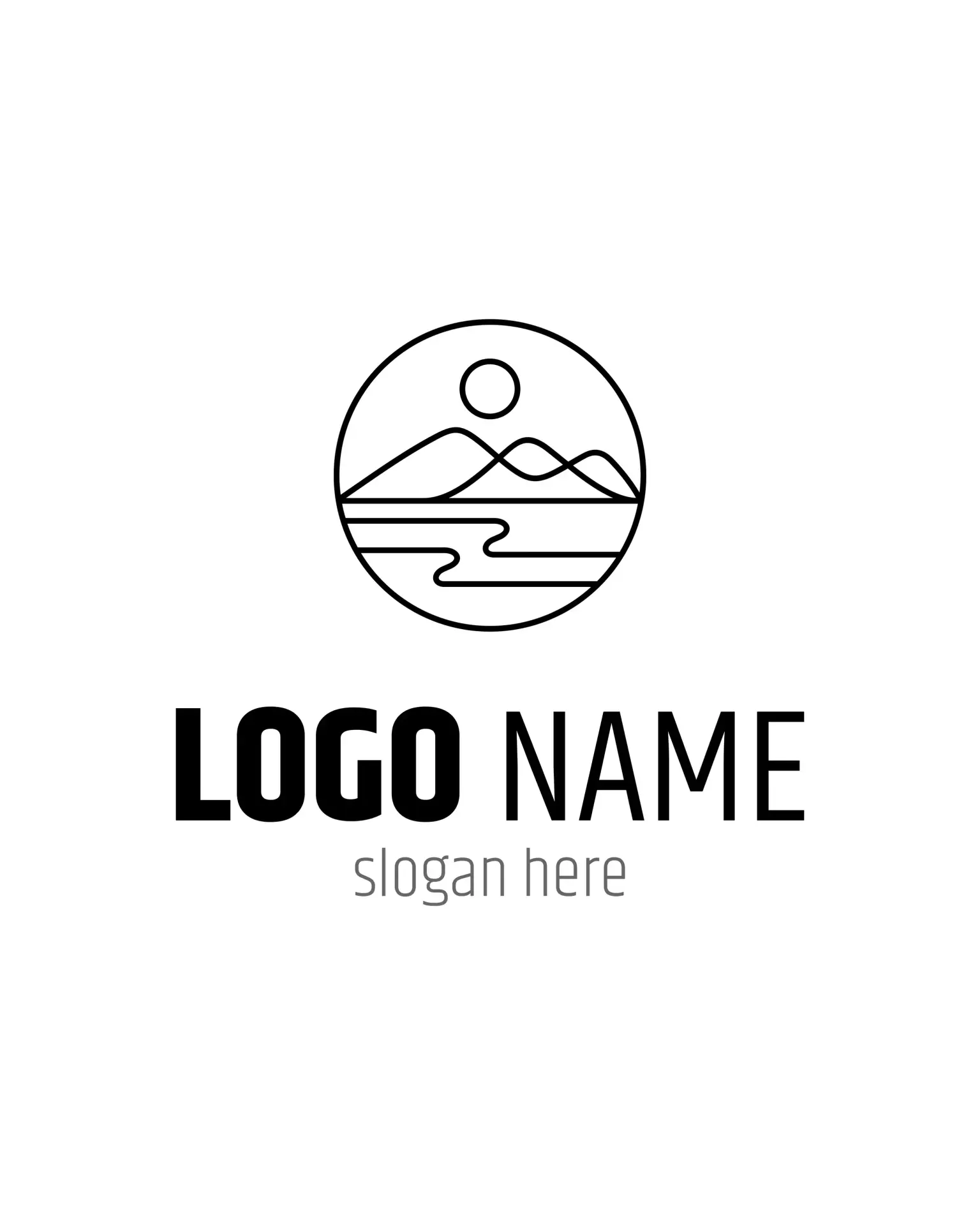 Mountain Lake Logo in Circle Frame – Linear Design Style Linear mountain and lake logo in a circle for T-shirts & branding. White background, ideal for T-shirt logos