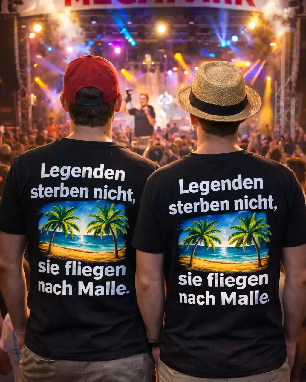 Two guys at Megapark Mallorca wearing legendary Mallorca T-shirts Two young men standing with their backs to the camera at Megapark Mallorca, wearing black T-shirts with palm tree, beach and the slogan ‘Legends never die, they fly to Mallorca’, stage and spotlights in the background