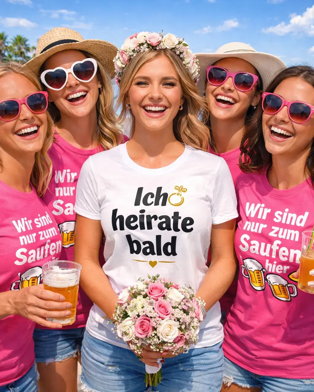 Bachelorette party on the beach in Mallorca with bride and friends Five women celebrating a bachelorette party on a Mallorca beach, bride wearing a white ‘I’m getting married soon’ T-shirt, friends in pink shirts saying ‘We’re only here to get drunk’