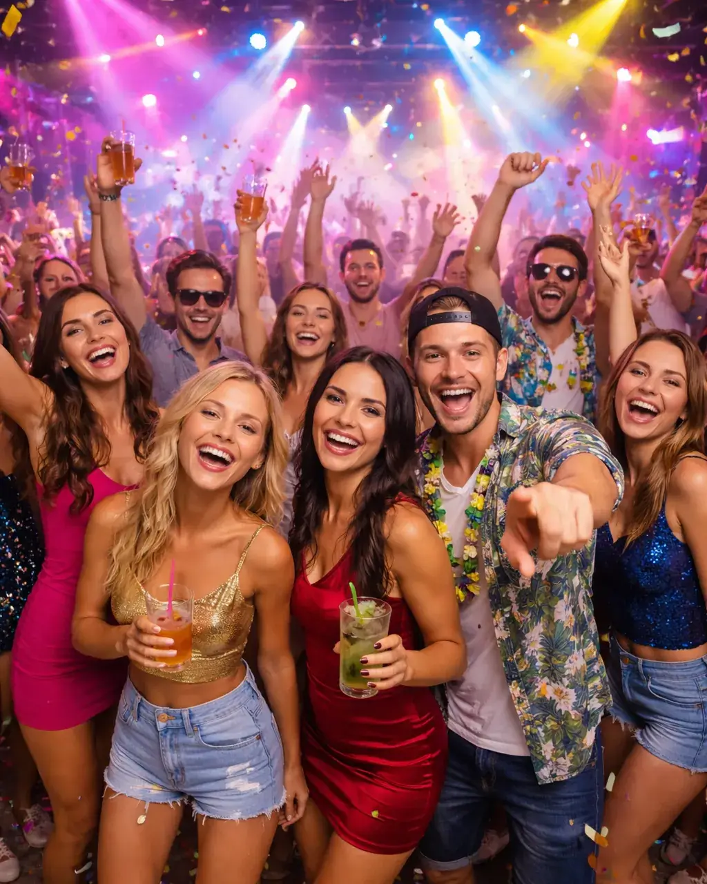 Group dancing and partying in a nightclub in Mallorca Young women and men dancing in a lively nightclub, colorful lights, drinks in hand, party atmosphere