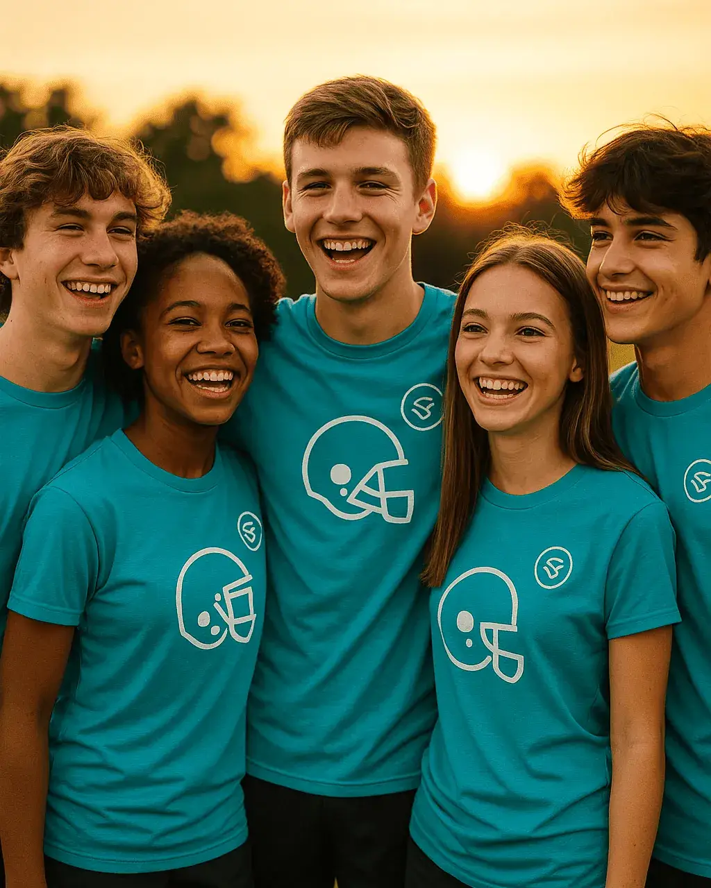 Youth soccer team in turquoise shirts with logo showing team spirit – T-shirt for sports club