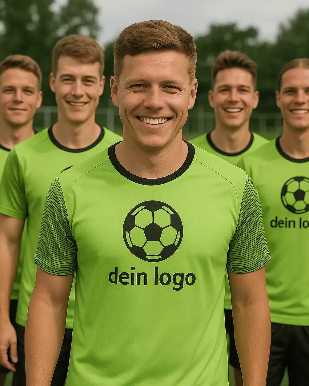 Soccer team in custom team apparel with football logo on chest, soccer field in the background.