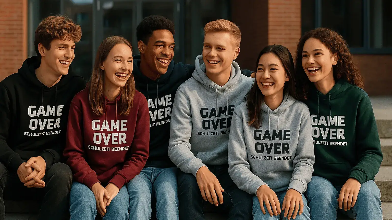 Graduation hoodies 2027 – Group of students with “Game Over” hoodies Six 2027 graduates in stylish grad hoodies with the design “Game Over – School’s out” in front of a modern school building