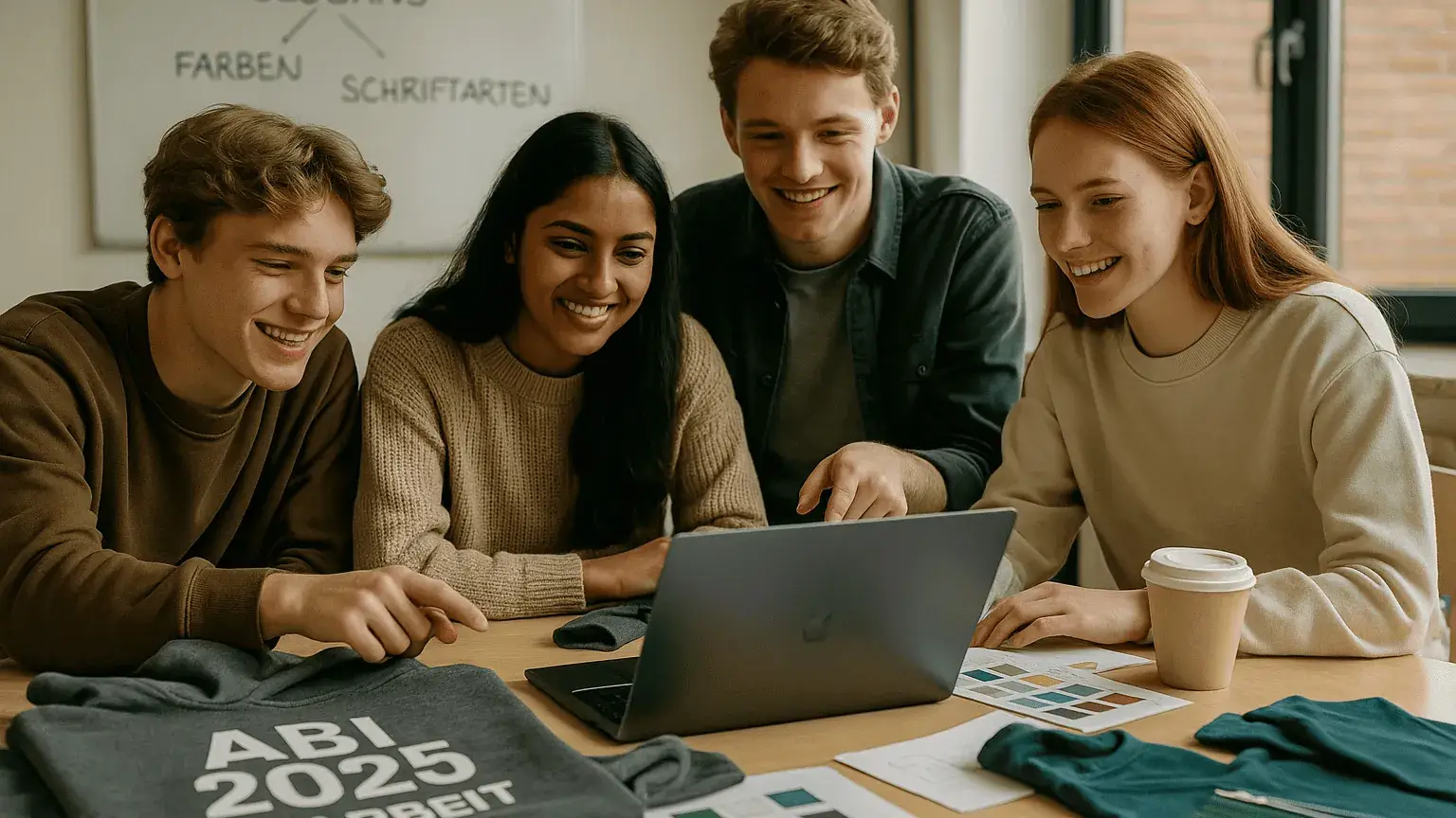 Design Abitur hoodies 2027 – Students create designs Graduates of 2027 design Abi hoodies using laptops, color samples, and the slogan “ABI 2027 in progress” – Design phase in the classroom