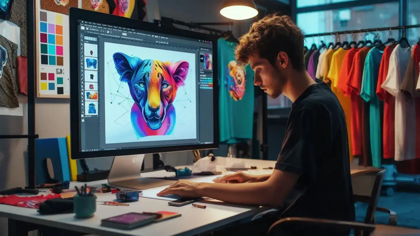 Design Clothing with AI – Fashion and Design in the Digital Studio Creative workspace with designer, T-shirts, and AI tool – Young person designing clothing with artificial intelligence in fashion studio