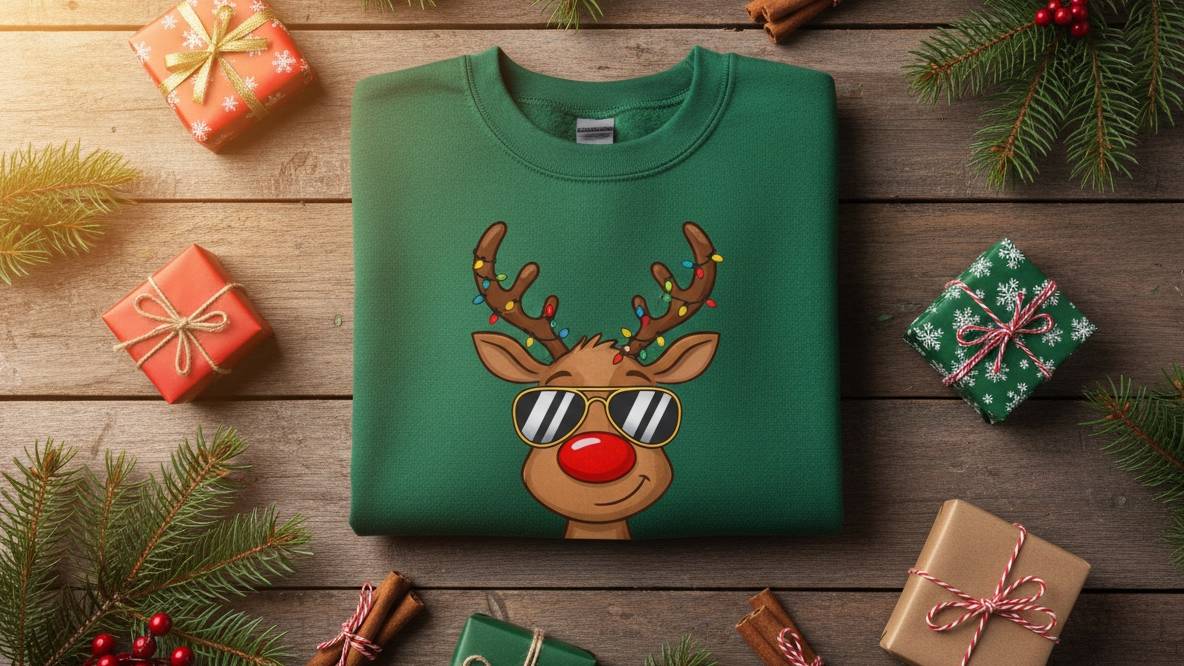 Custom Christmas sweater with reindeer design Green sweatshirt with a printed cartoon reindeer wearing sunglasses, next to gifts and pine branches on a wooden table
