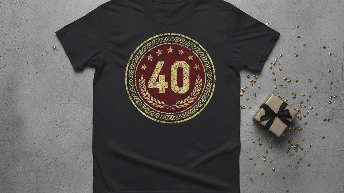 Birthday shirt with vintage badge and golden 40 Black t-shirt with a golden retro emblem and large 40, next to a gift and confetti