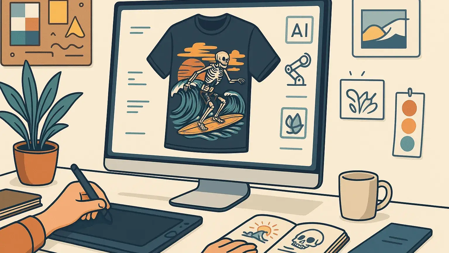 AI T-Shirt Design Workspace – Creative AI Tools Creative workspace with T-shirt design on screen, AI tools, moodboards, and design elements in a modern studio setting