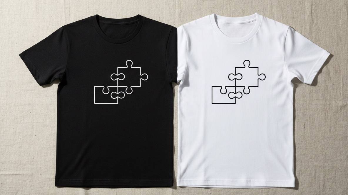 Two-part puzzle design on two couple shirts Black and white t-shirt side by side with a puzzle design that connects across both shirts