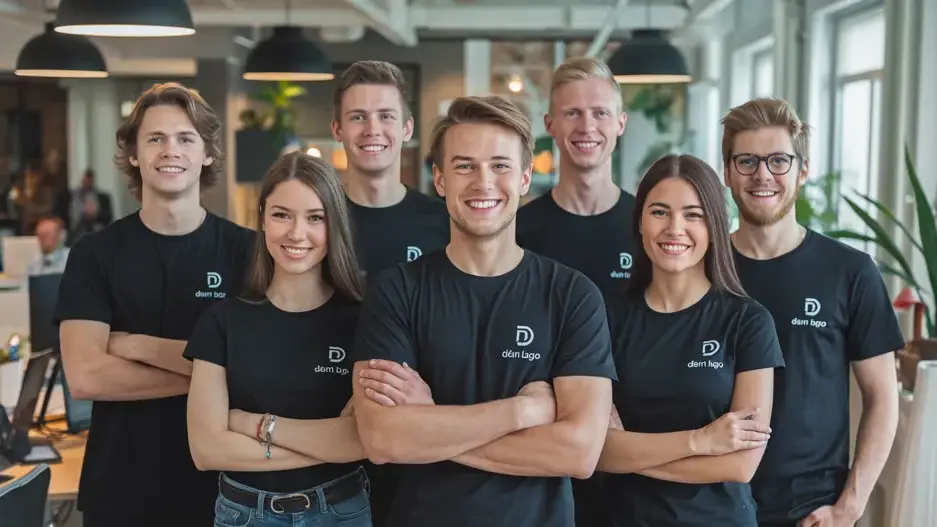 Young people wearing black company T-shirts with logo in an office. The image shows a team with uniform clothing for a professional appearance.