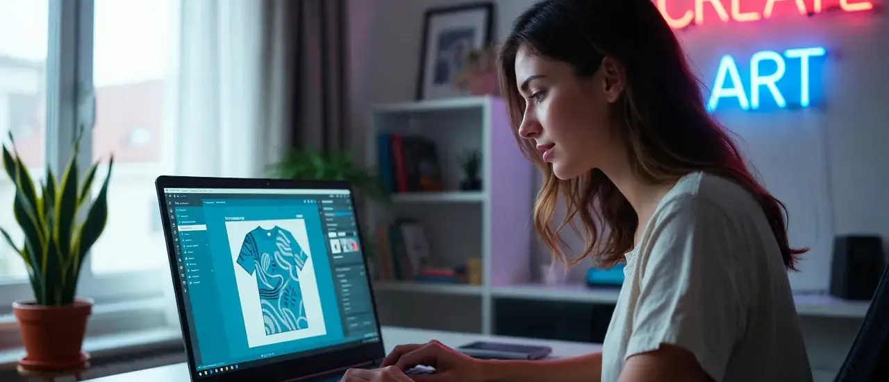 T-shirt Design with AI – Create Creatively in Your Home Office Woman designs T-shirt on laptop using AI tool – modern home office with creative atmosphere and digital design process
