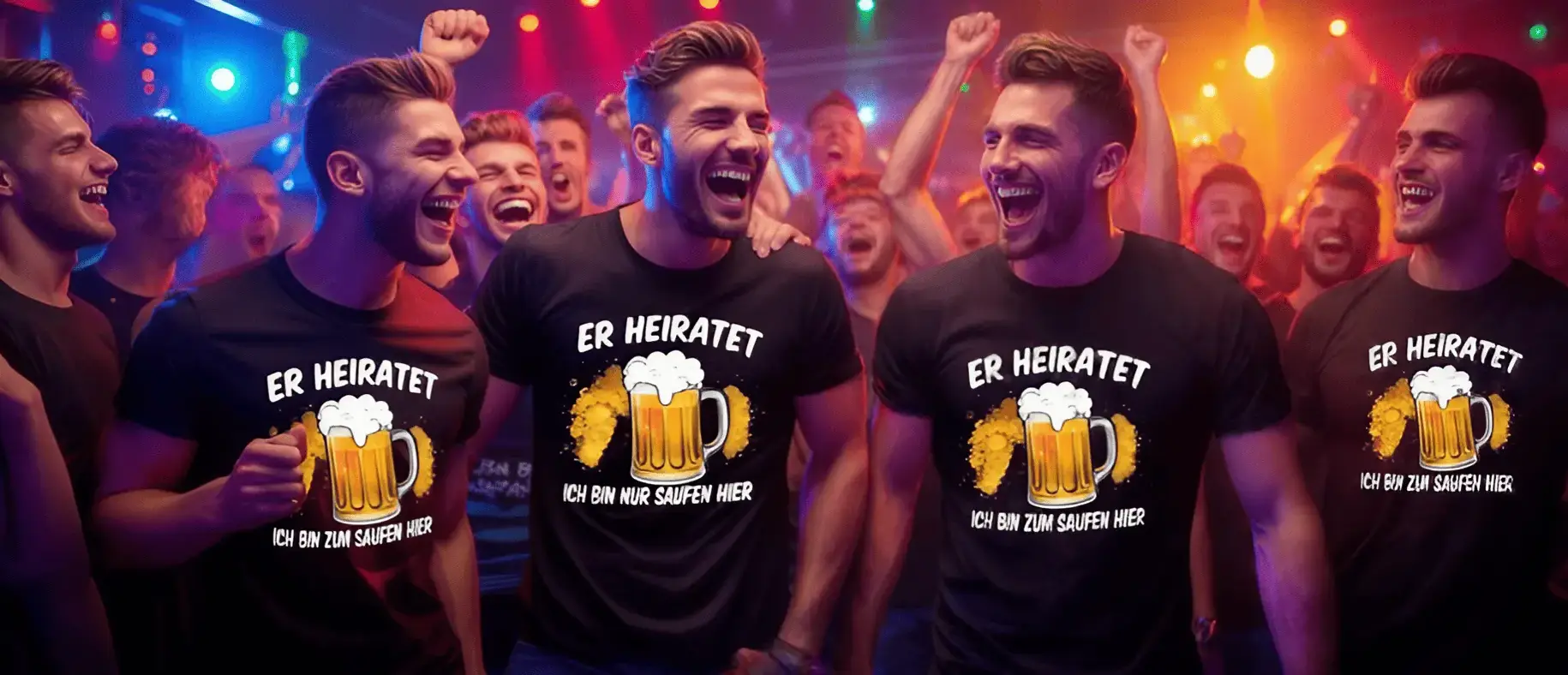 Bachelor party with T-shirts in the club: Group of men celebrating with black shirts, beer mugs, and a funny slogan.