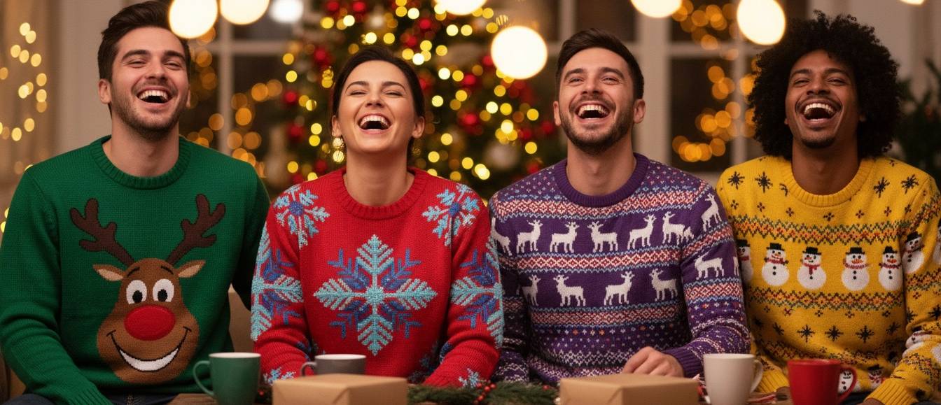Friends in custom ugly Christmas sweaters at the Christmas party Four laughing friends in colourful ugly Christmas sweaters with reindeer, snowflake and snowman designs in front of a Christmas tree