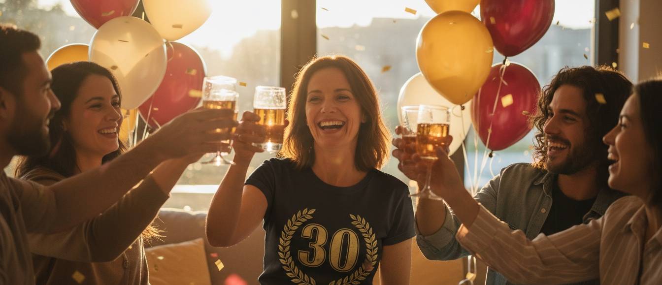 Birthday shirt with a golden vintage 30 at the party Laughing woman at her birthday party in a black t-shirt with a golden vintage 30 and laurel wreath, friends toasting with drinks