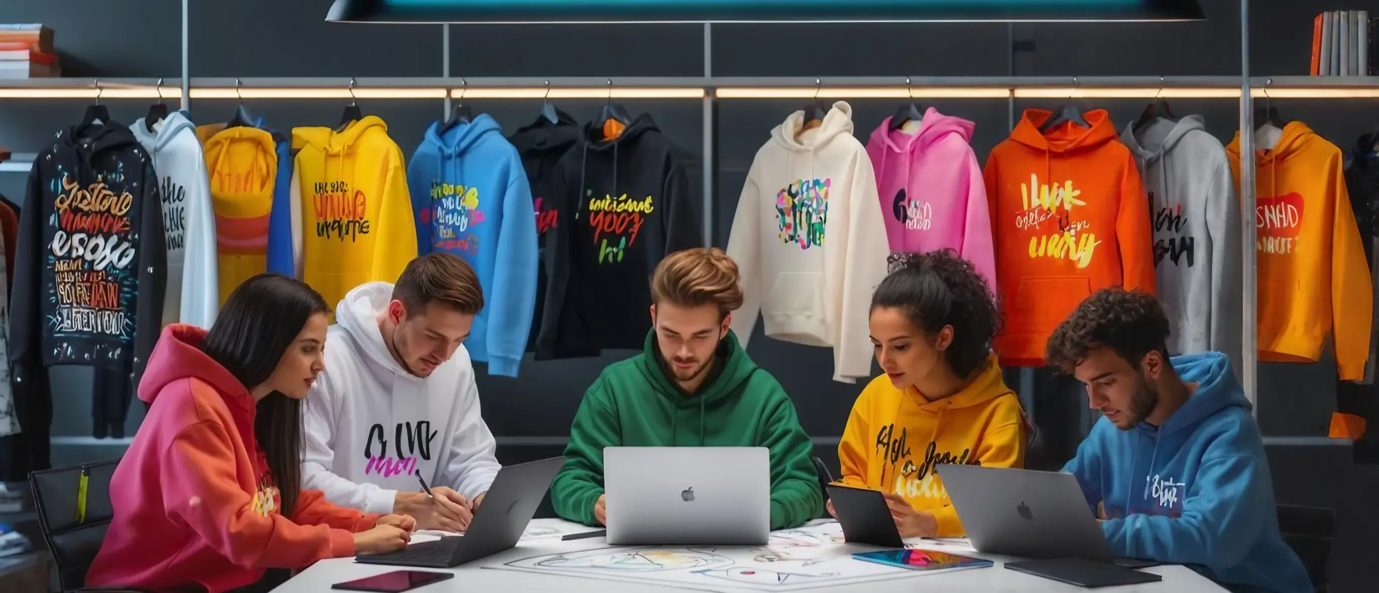 Design your hoodie online – personalized designs with graphics Young adults design personalized hoodies online with creative designs and AI support.