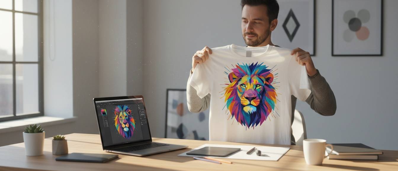 AI-generated design printed on a t-shirt – the rights question at the desk Young person holding a freshly printed t-shirt with a colourful AI-generated lion head design, laptop showing the same artwork next to it