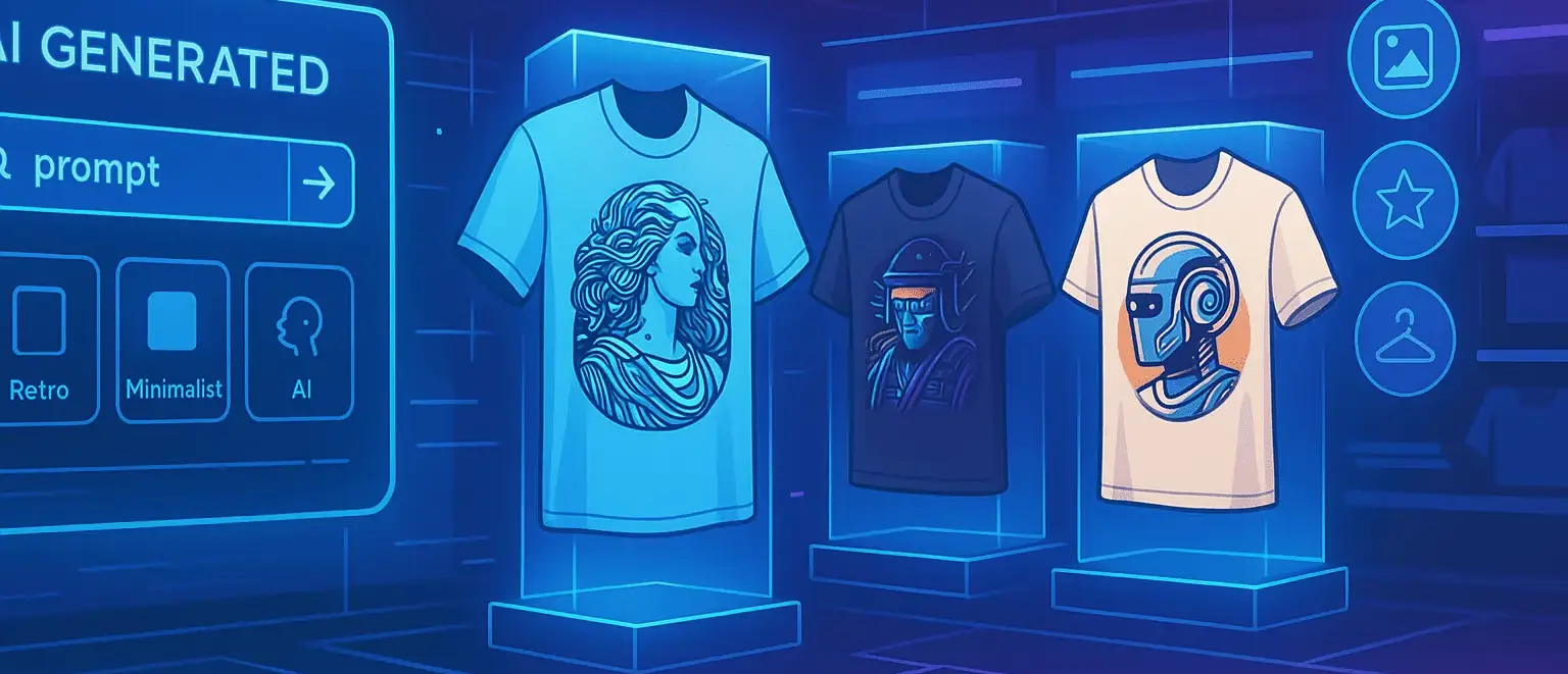 Virtual AI T-Shirt Store – AI-Generated Designs Futuristic AI T-shirt store with holographic T-shirt designs in neon colors, modern visualization of AI-generated fashion