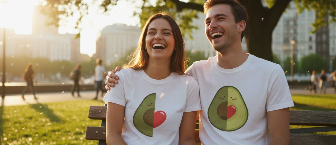 Couple in matching t-shirts with a two-part avocado design Laughing couple on a park bench in white t-shirts with a split avocado design that only becomes complete side by side
