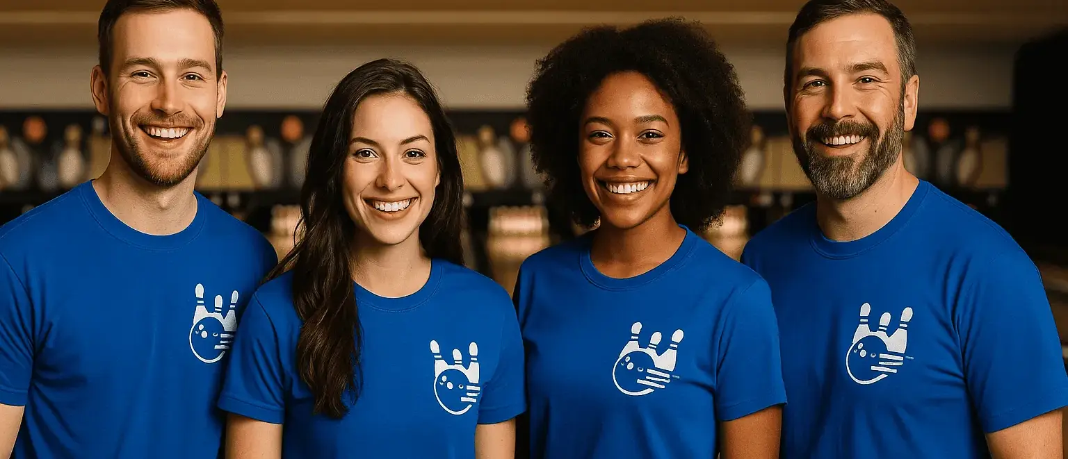 Bowling players in blue team T-shirts with logo at bowling alley – club shirts, team clothing, unified appearance