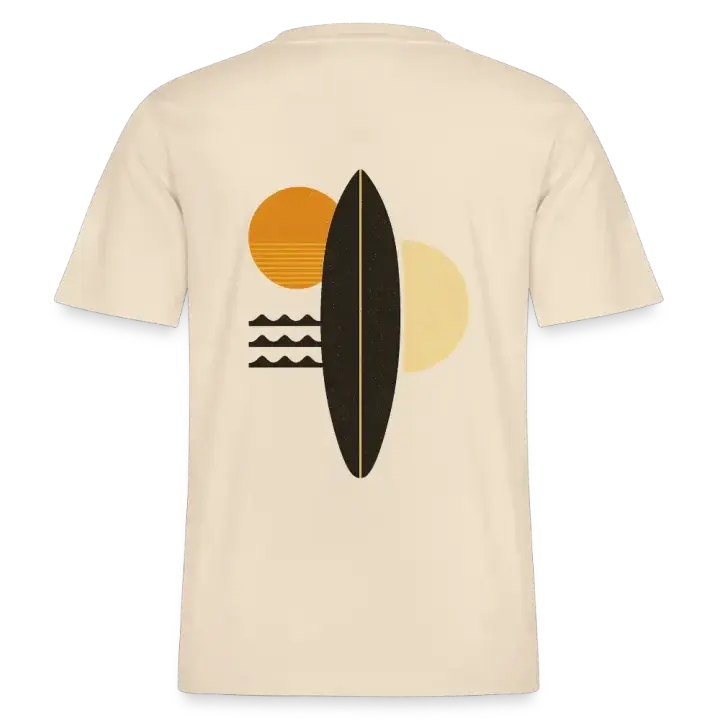 Beiges Retro Surf T-Shirt mit minimalistischer Surfbrett-Grafik in warmen Orange- und Brauntönen