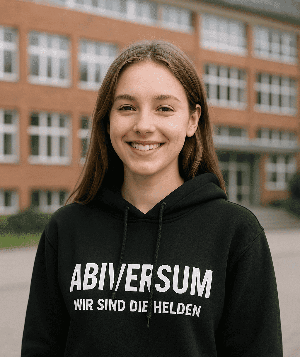 Lachendes Mädchen mit schwarzem Abitur Hoodie „Abiversum – wir sind die Helden“ vor Schule – Abi Hoodie erstellen lassen