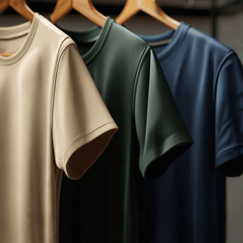 Drei T-Shirts auf Kleiderbügeln in unterschiedlichen Farben. Die Pflege macht den Unterschied für einzigartige Team-Shirts