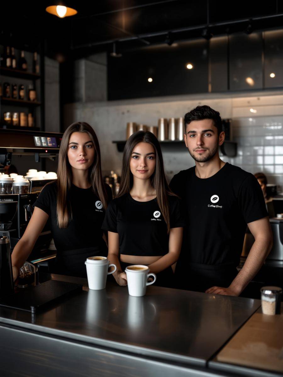 Drei junge Café-Mitarbeitende mit eleganten schwarzen T-Shirts und weißem Coffee Shop Logo mit Kaffeebohne hinter dem Tresen