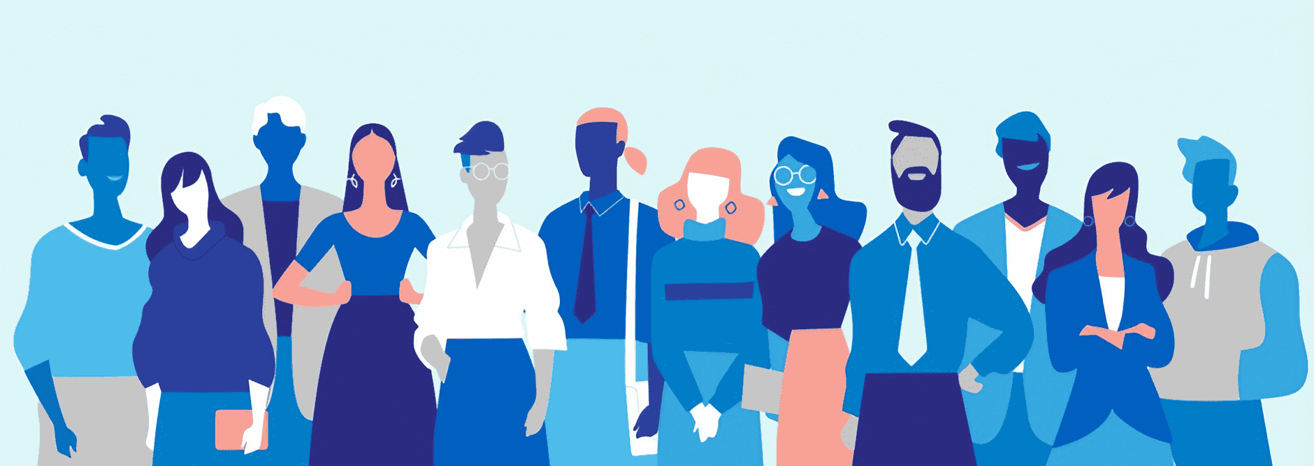 Cartoon-Team mit Männern und Frauen – ideal für personalisierte Firmen-T-Shirts und KI-basierte Designs.