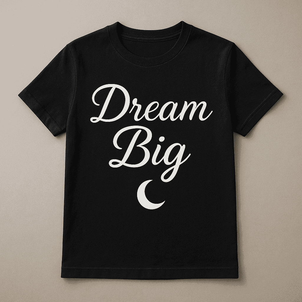 Modernes T-Shirt mit dem Text 'Dream Big' und einem minimalistischen Mond, in weiß auf schwarzem Stoff
