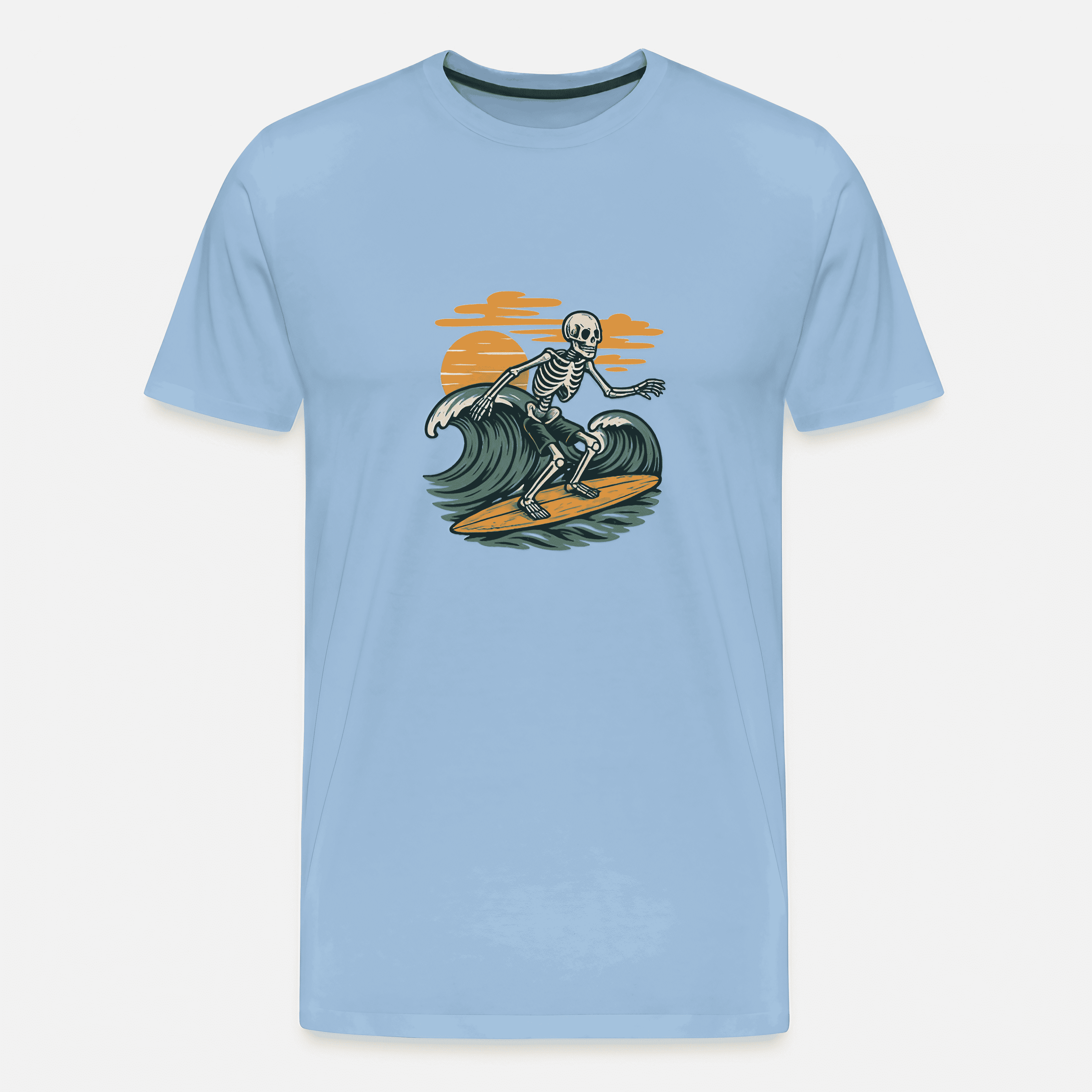 Skelett surft Welle im Vintage-Stil – Retro Vektor Grafik als cooles T-Shirt Motiv mit Sonnenuntergang und entspannter Surfer-Atmosphäre