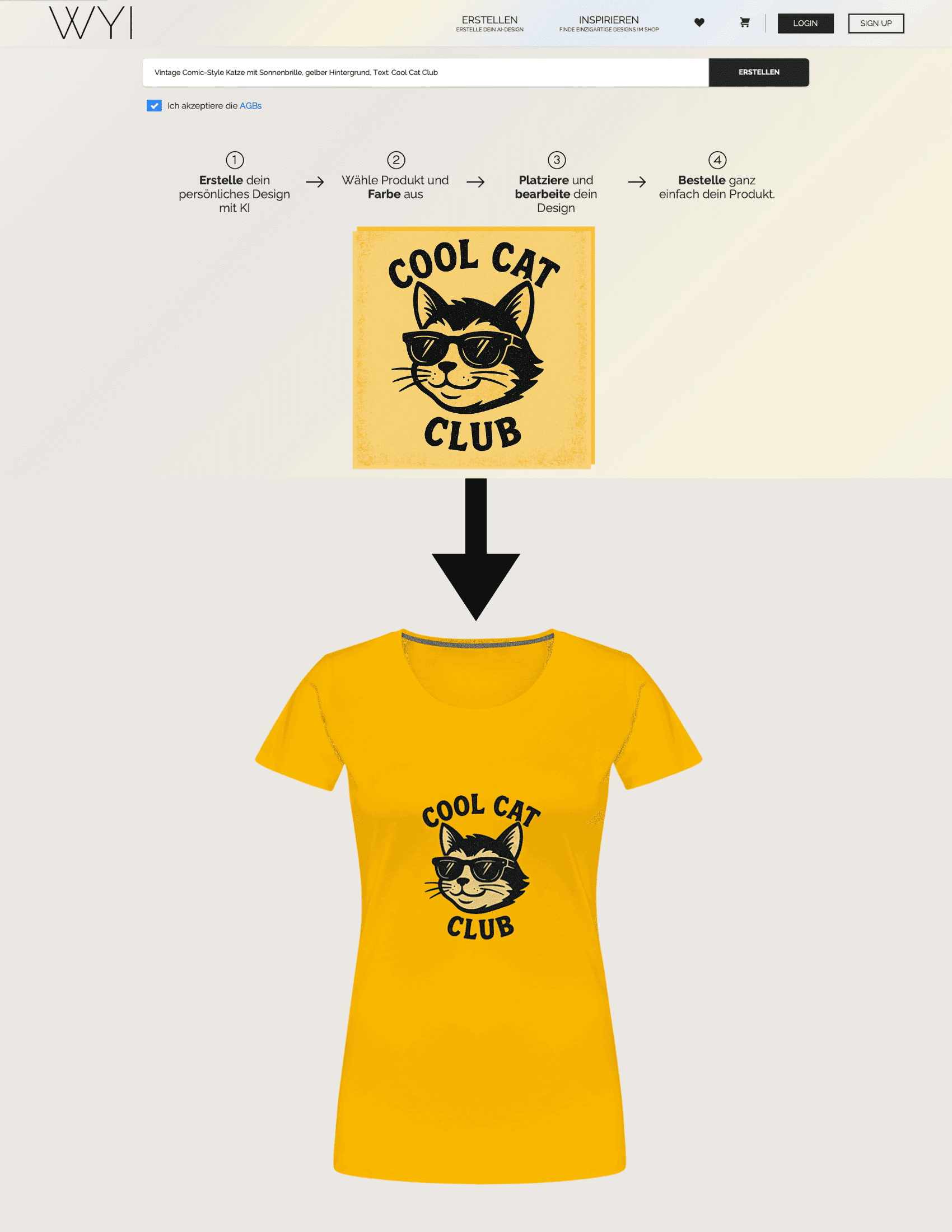 Comic-Katze mit Sonnenbrille auf T-Shirt – Vintage-Design mit Text „Cool Cat Club“, erstellt mit WYI KI-Design-Tool