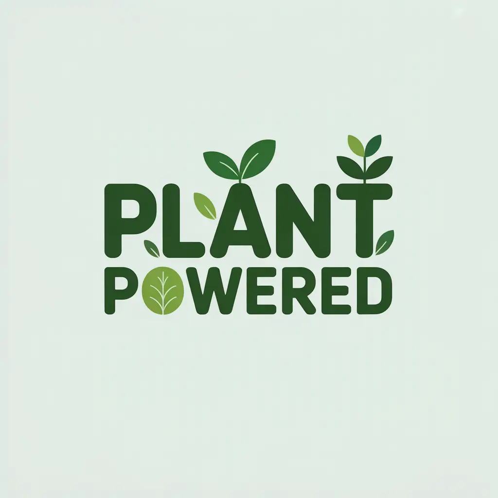Typografisches Logo „Plant Powered“ mit grünen Blättern – modernes Text-Design für T-Shirts, erstellt mit KI Tool