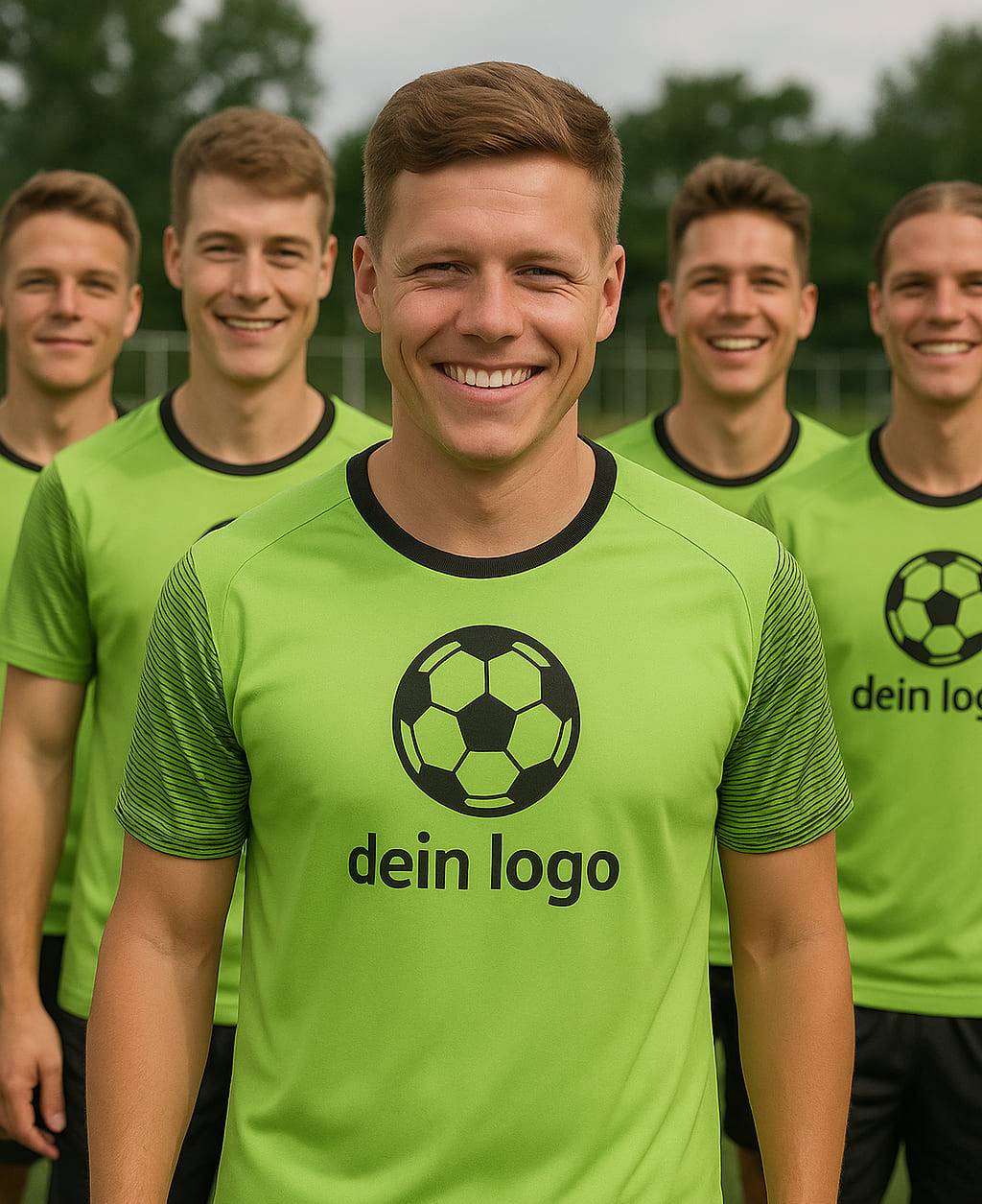 Fußballmannschaft in individueller Teambekleidung mit Fußball-Logo auf Brust, Fußballplatz im Hintergrund